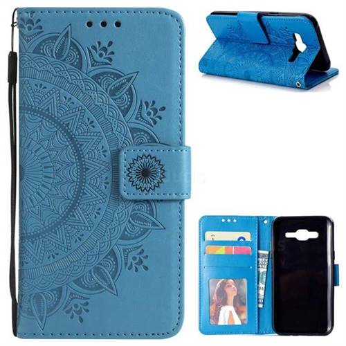 Intricate Embossing Datura Leather Wallet Case for Samsung Galaxy J5 2015 J500 - Blue