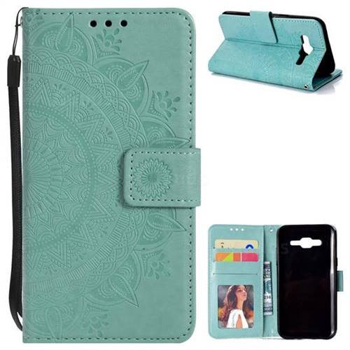 Intricate Embossing Datura Leather Wallet Case for Samsung Galaxy J5 2015 J500 - Mint Green