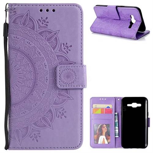 Intricate Embossing Datura Leather Wallet Case for Samsung Galaxy J5 2015 J500 - Purple