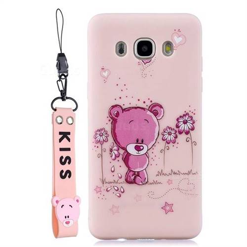 Pink Flower Bear Soft Kiss Candy Hand Strap Silicone Case for Samsung Galaxy J5 2016 J510