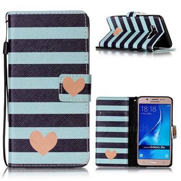 Blue Stripe Heart Leather Wallet Phone Case for Samsung Galaxy J5 2016 J510