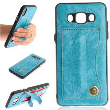 Retro Leather Coated Back Cover with Hidden Kickstand and Card Slot for Samsung Galaxy J5 2016 J510 - Sky Blue