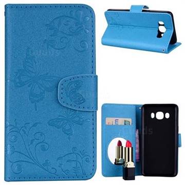 Embossing Butterfly Morning Glory Mirror Leather Wallet Case for Samsung Galaxy J5 2016 J510 - Blue