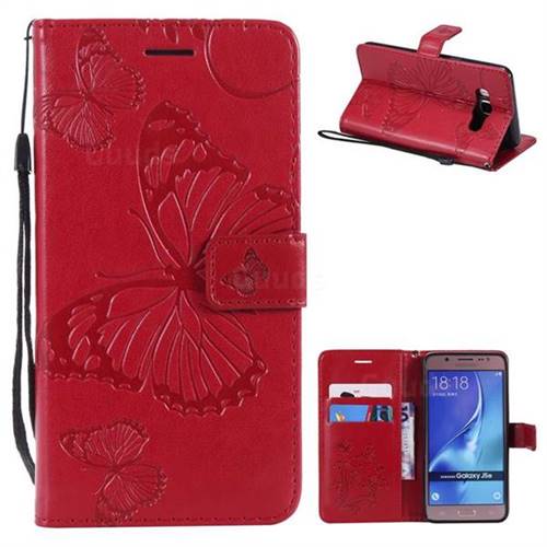 Embossing 3D Butterfly Leather Wallet Case for Samsung Galaxy J5 2016 J510 - Red