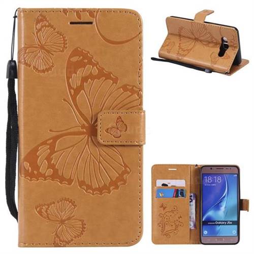 Embossing 3D Butterfly Leather Wallet Case for Samsung Galaxy J5 2016 J510 - Yellow