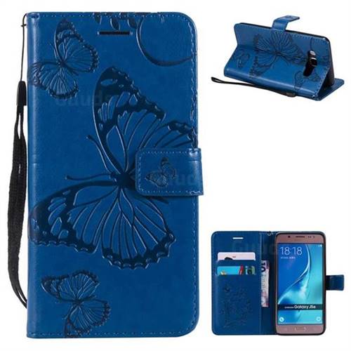 Embossing 3D Butterfly Leather Wallet Case for Samsung Galaxy J5 2016 J510 - Blue