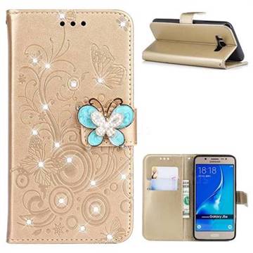 Embossing Butterfly Circle Rhinestone Leather Wallet Case for Samsung Galaxy J5 2016 J510 - Champagne