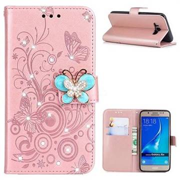 Embossing Butterfly Circle Rhinestone Leather Wallet Case for Samsung Galaxy J5 2016 J510 - Rose Gold