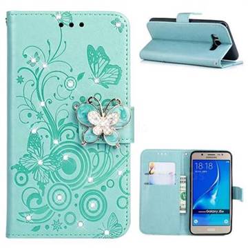 Embossing Butterfly Circle Rhinestone Leather Wallet Case for Samsung Galaxy J5 2016 J510 - Cyan