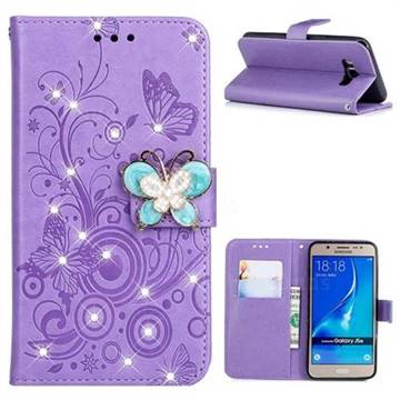 Embossing Butterfly Circle Rhinestone Leather Wallet Case for Samsung Galaxy J5 2016 J510 - Purple