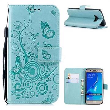Intricate Embossing Butterfly Circle Leather Wallet Case for Samsung Galaxy J5 2016 J510 - Cyan
