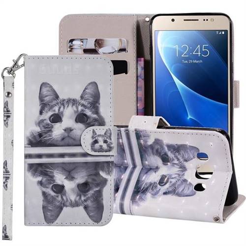Mirror Cat 3D Painted Leather Phone Wallet Case Cover for Samsung Galaxy J5 2016 J510