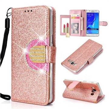Glitter Diamond Buckle Splice Mirror Leather Wallet Phone Case for Samsung Galaxy J5 2016 J510 - Rose Gold