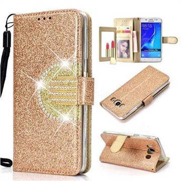 Glitter Diamond Buckle Splice Mirror Leather Wallet Phone Case for Samsung Galaxy J5 2016 J510 - Golden