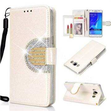 Glitter Diamond Buckle Splice Mirror Leather Wallet Phone Case for Samsung Galaxy J5 2016 J510 - White