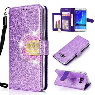 Glitter Diamond Buckle Splice Mirror Leather Wallet Phone Case for Samsung Galaxy J5 2016 J510 - Purple