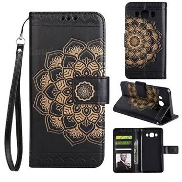 Embossing Half Mandala Flower Leather Wallet Case for Samsung Galaxy J5 2016 J510 - Black