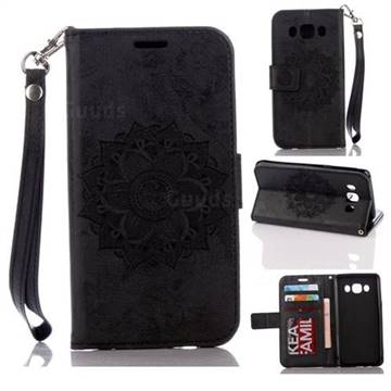 Embossing Retro Matte Mandala Flower Leather Wallet Case for Samsung Galaxy J5 2016 J510 - Black