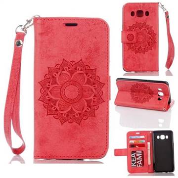 Embossing Retro Matte Mandala Flower Leather Wallet Case for Samsung Galaxy J5 2016 J510 - Red