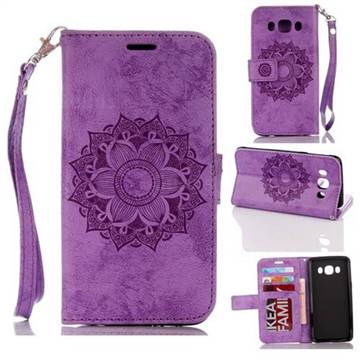 Embossing Retro Matte Mandala Flower Leather Wallet Case for Samsung Galaxy J5 2016 J510 - Purple