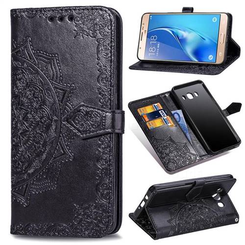 Embossing Imprint Mandala Flower Leather Wallet Case for Samsung Galaxy J5 2016 J510 - Black