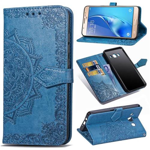 Embossing Imprint Mandala Flower Leather Wallet Case for Samsung Galaxy J5 2016 J510 - Blue