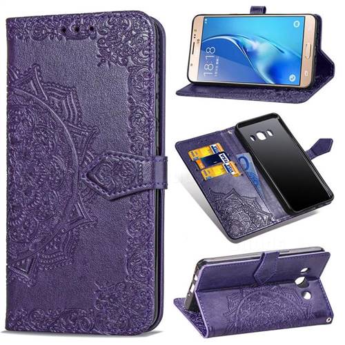 Embossing Imprint Mandala Flower Leather Wallet Case for Samsung Galaxy J5 2016 J510 - Purple