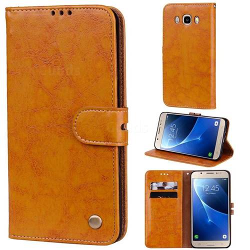 Luxury Retro Oil Wax PU Leather Wallet Phone Case for Samsung Galaxy J5 2016 J510 - Orange Yellow