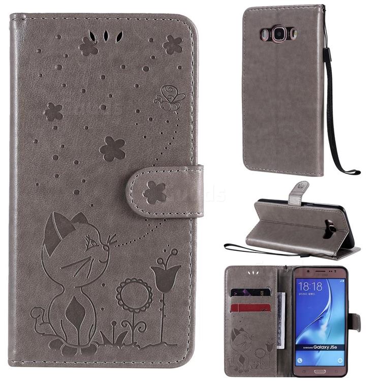 Embossing Bee and Cat Leather Wallet Case for Samsung Galaxy J5 2016 J510 - Gray