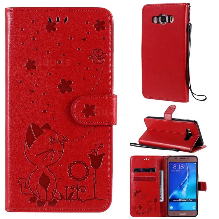 Embossing Bee and Cat Leather Wallet Case for Samsung Galaxy J5 2016 J510 - Red