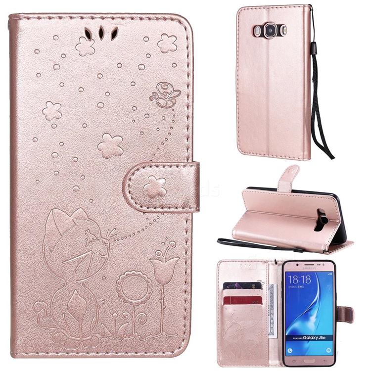 Embossing Bee and Cat Leather Wallet Case for Samsung Galaxy J5 2016 J510 - Rose Gold