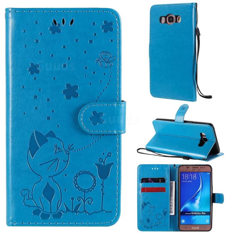 Embossing Bee and Cat Leather Wallet Case for Samsung Galaxy J5 2016 J510 - Blue