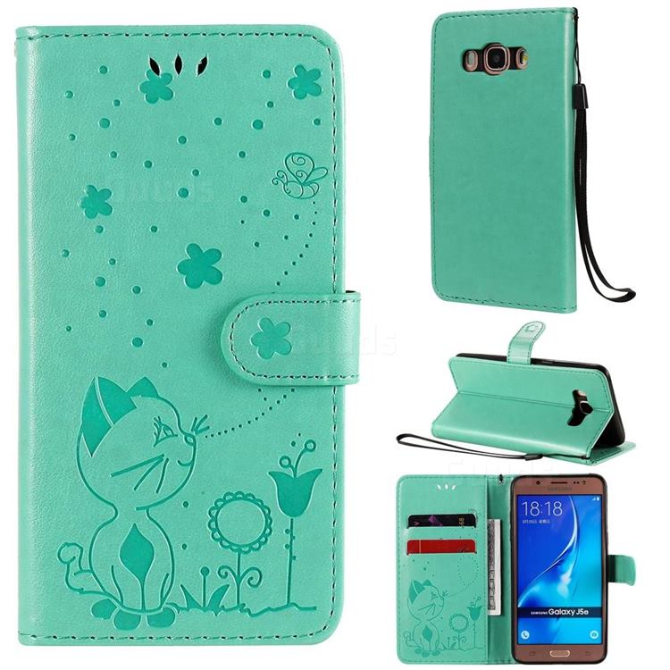 Embossing Bee and Cat Leather Wallet Case for Samsung Galaxy J5 2016 J510 - Green