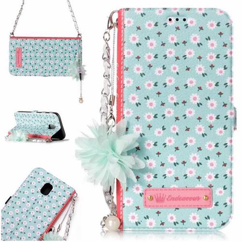 Daisy Endeavour Florid Pearl Flower Pendant Metal Strap PU Leather Wallet Case for Samsung Galaxy J5 2017 J530 Eurasian