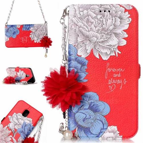 Red Chrysanthemum Endeavour Florid Pearl Flower Pendant Metal Strap PU Leather Wallet Case for Samsung Galaxy J5 2017 J530 Eurasian