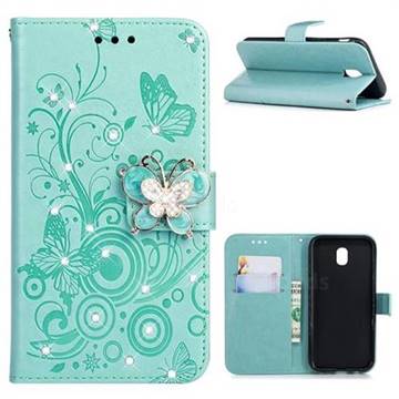 Embossing Butterfly Circle Rhinestone Leather Wallet Case for Samsung Galaxy J5 2017 J530 Eurasian - Cyan