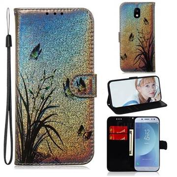 Butterfly Orchid Laser Shining Leather Wallet Phone Case for Samsung Galaxy J5 2017 J530 Eurasian