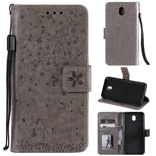 Embossing Cherry Blossom Cat Leather Wallet Case for Samsung Galaxy J5 2017 J530 Eurasian - Gray