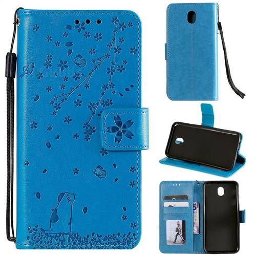 Embossing Cherry Blossom Cat Leather Wallet Case for Samsung Galaxy J5 2017 J530 Eurasian - Blue