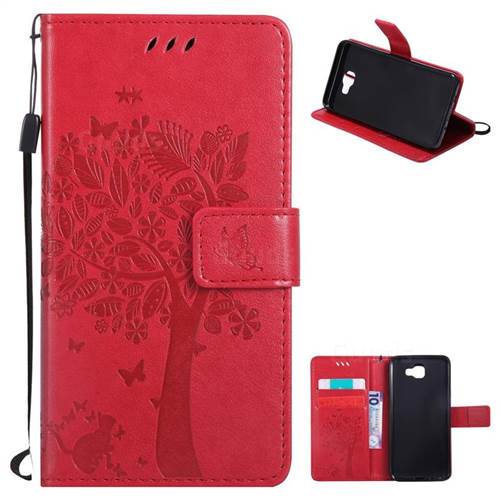 Embossing Butterfly Tree Leather Wallet Case for Samsung Galaxy J5 Prime - Red