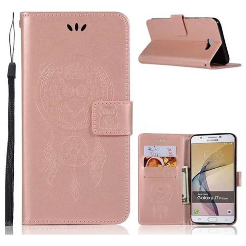 Intricate Embossing Owl Campanula Leather Wallet Case for Samsung Galaxy J5 Prime - Rose Gold