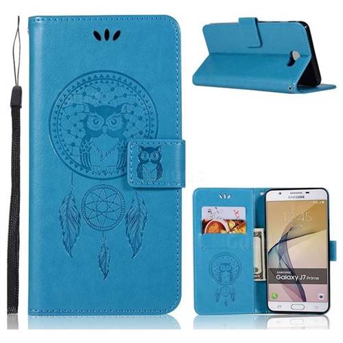 Intricate Embossing Owl Campanula Leather Wallet Case for Samsung Galaxy J5 Prime - Blue