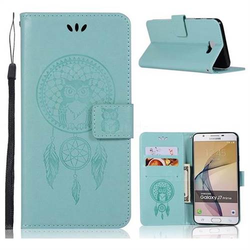 Intricate Embossing Owl Campanula Leather Wallet Case for Samsung Galaxy J5 Prime - Green