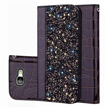 Shiny Crocodile Pattern Stitching Magnetic Closure Flip Holster Shockproof Phone Cases for Samsung Galaxy J5 Prime - Black Brown
