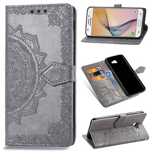 Embossing Imprint Mandala Flower Leather Wallet Case for Samsung Galaxy J5 Prime - Gray