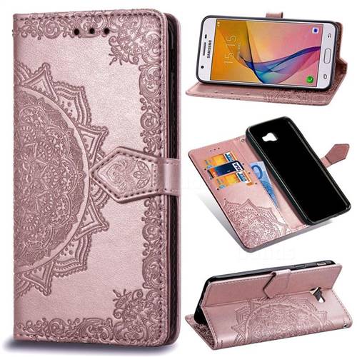 Embossing Imprint Mandala Flower Leather Wallet Case for Samsung Galaxy J5 Prime - Rose Gold