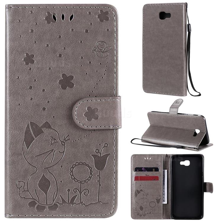 Embossing Bee and Cat Leather Wallet Case for Samsung Galaxy J5 Prime - Gray