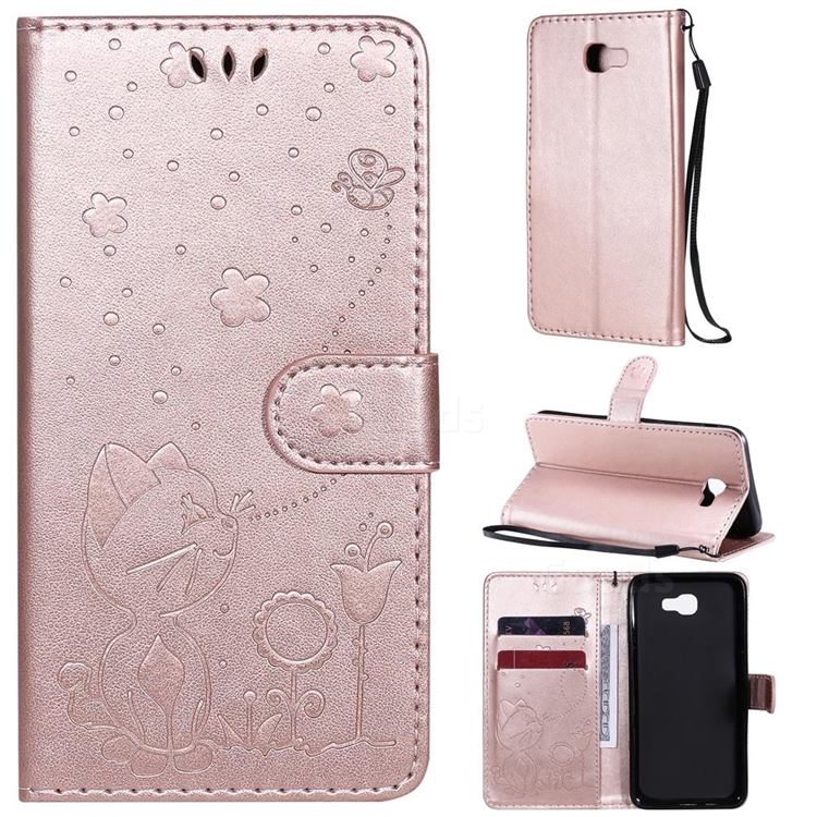Embossing Bee and Cat Leather Wallet Case for Samsung Galaxy J5 Prime - Rose Gold
