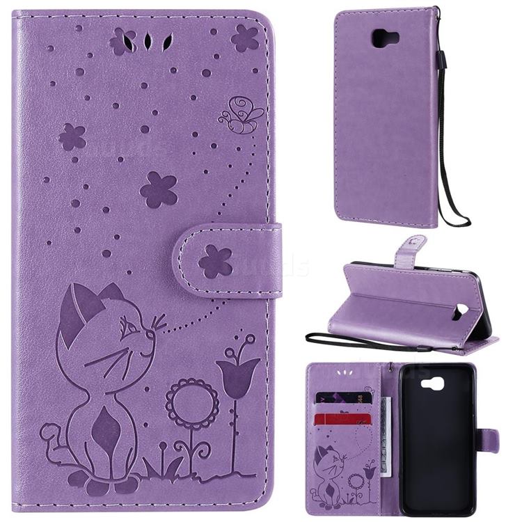 Embossing Bee and Cat Leather Wallet Case for Samsung Galaxy J5 Prime - Purple