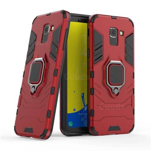 Black Panther Armor Metal Ring Grip Shockproof Dual Layer Rugged Hard Cover for Samsung Galaxy J6 (2018) SM-J600F - Red